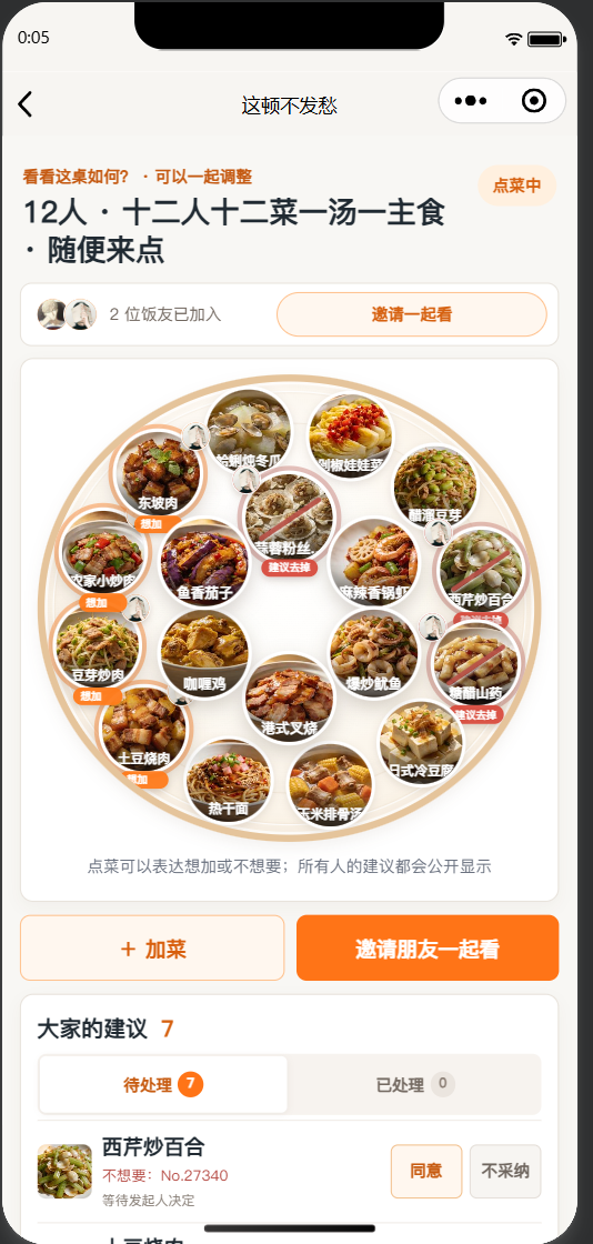 多人协同点菜页面，展示饭友建议、加菜和最终圆桌