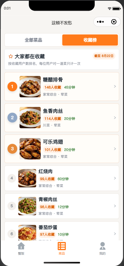 收藏榜页面,展示大家收藏最多的家常菜