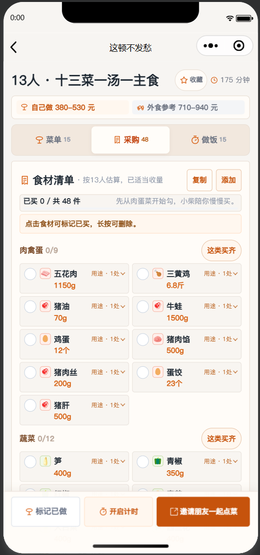 采购清单页面,展示食材分类、数量和已购买标记